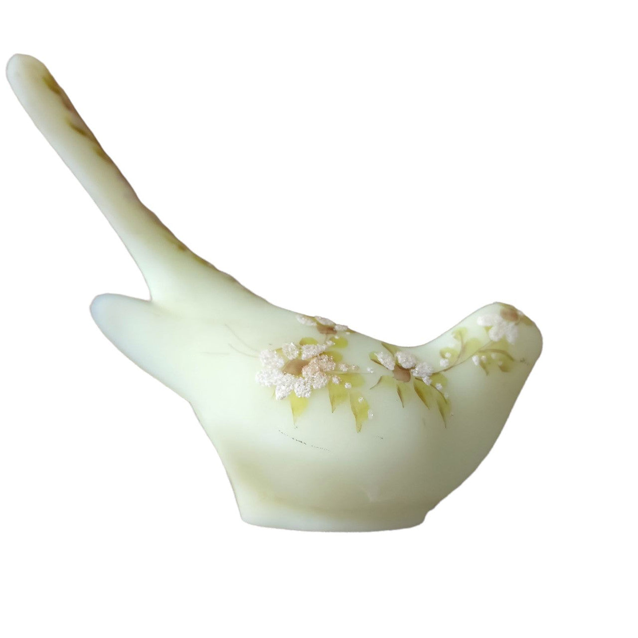 FENTON Uranium Satin Glass Daisies on Custard Happiness Bird Figurine
