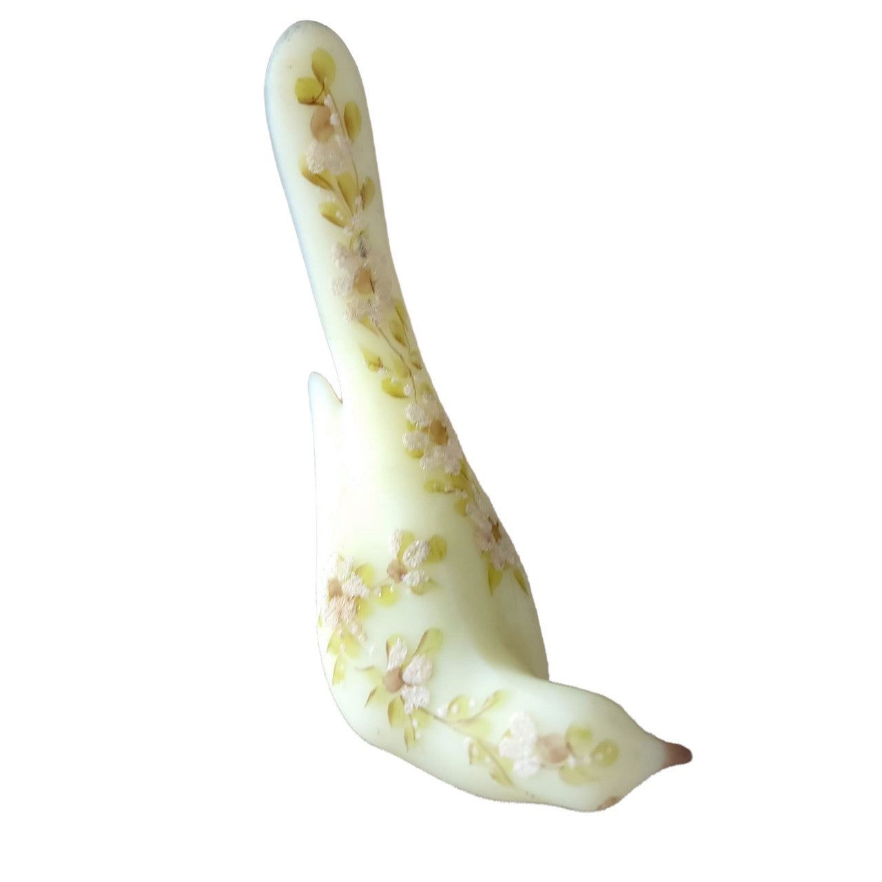 FENTON Uranium Satin Glass Daisies on Custard Happiness Bird Figurine