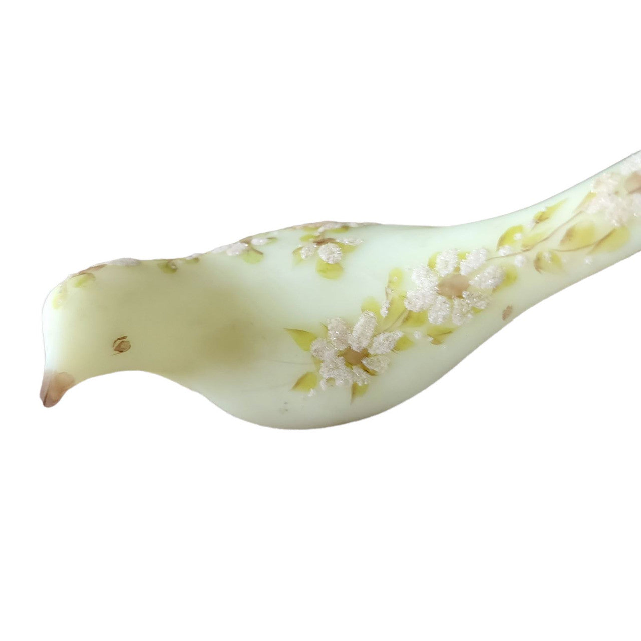 FENTON Uranium Satin Glass Daisies on Custard Happiness Bird Figurine