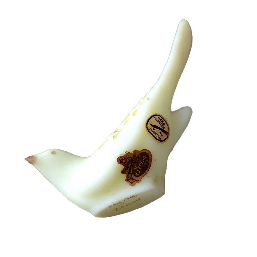 FENTON Uranium Satin Glass Daisies on Custard Happiness Bird Figurine