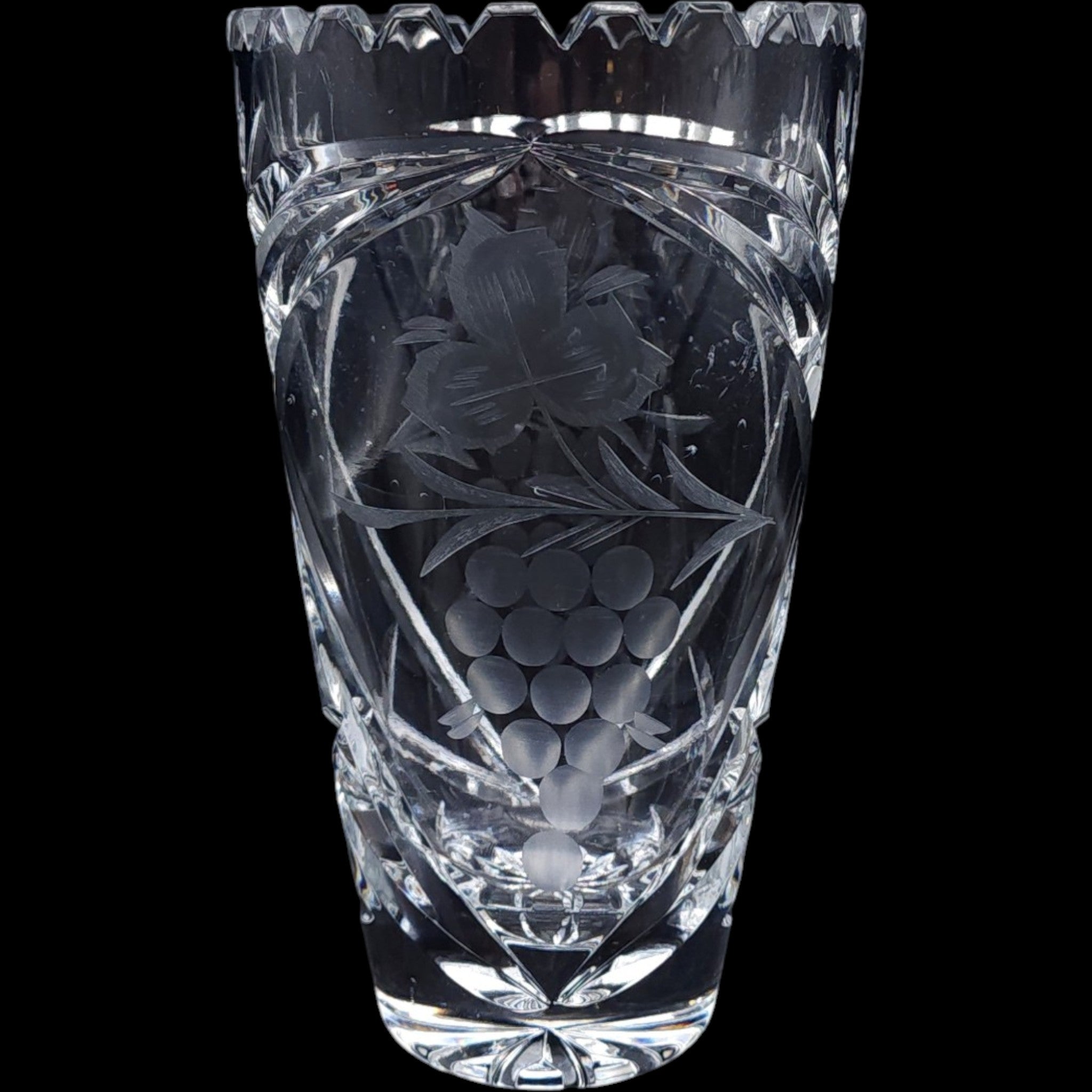 1960s Vintage German Lead Crystal Grape & Leaf Flower Vase