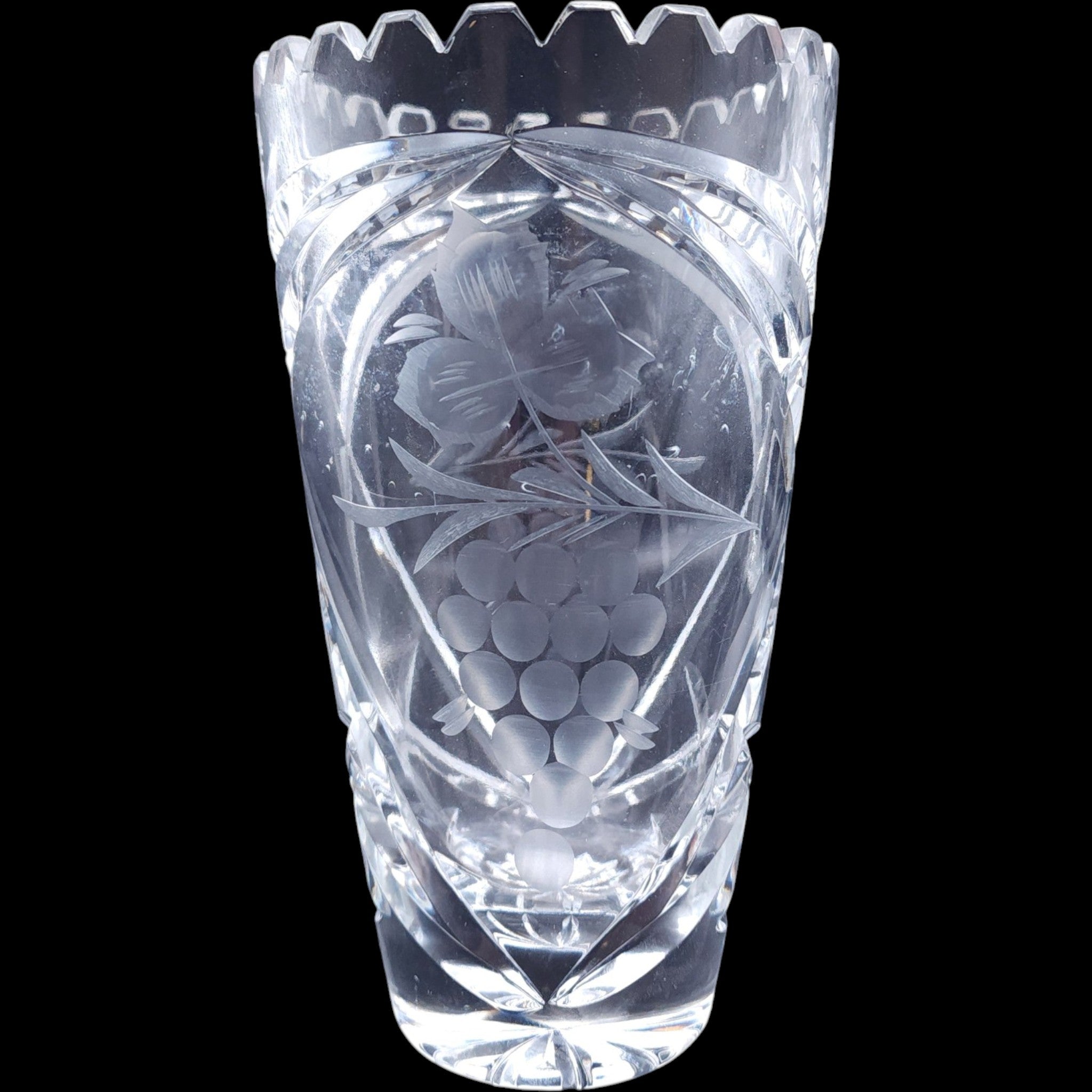 1960s Vintage German Lead Crystal Grape & Leaf Flower Vase