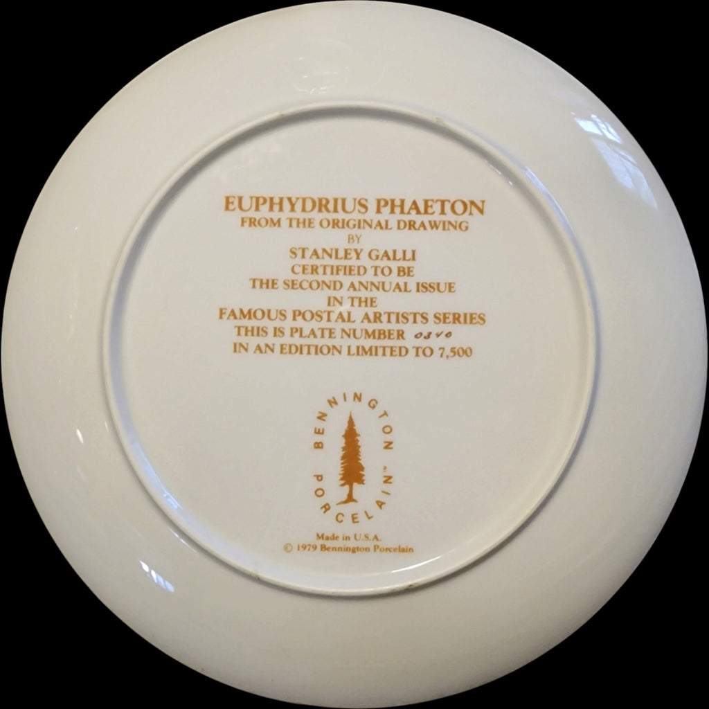 Certified Rarities 1979 Bennington Porcelain Butterfly Collector Plate - Stanley Galli Euphydryas Phaeton