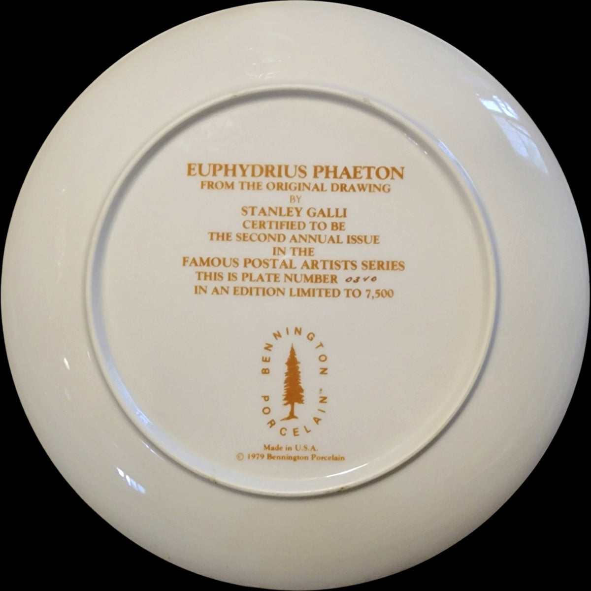 Certified Rarities 1979 Bennington Porcelain Butterfly Collector Plate - Stanley Galli Euphydryas Phaeton