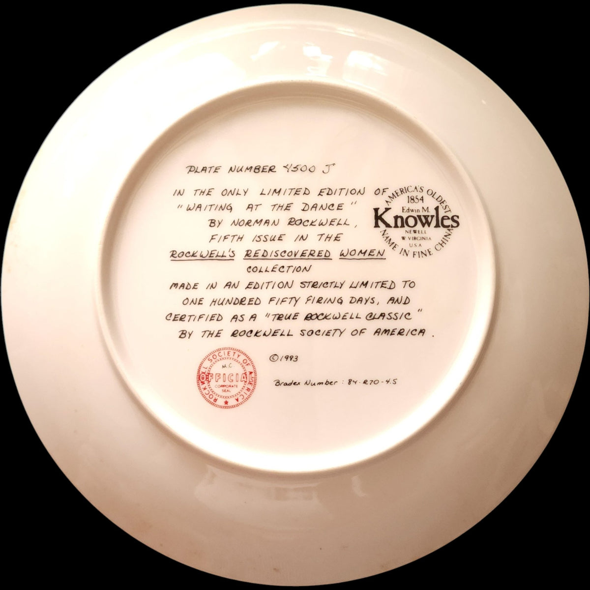 1983 Edwin M Knowles Norman Rockwell Waiting at the Dance Collector Plate