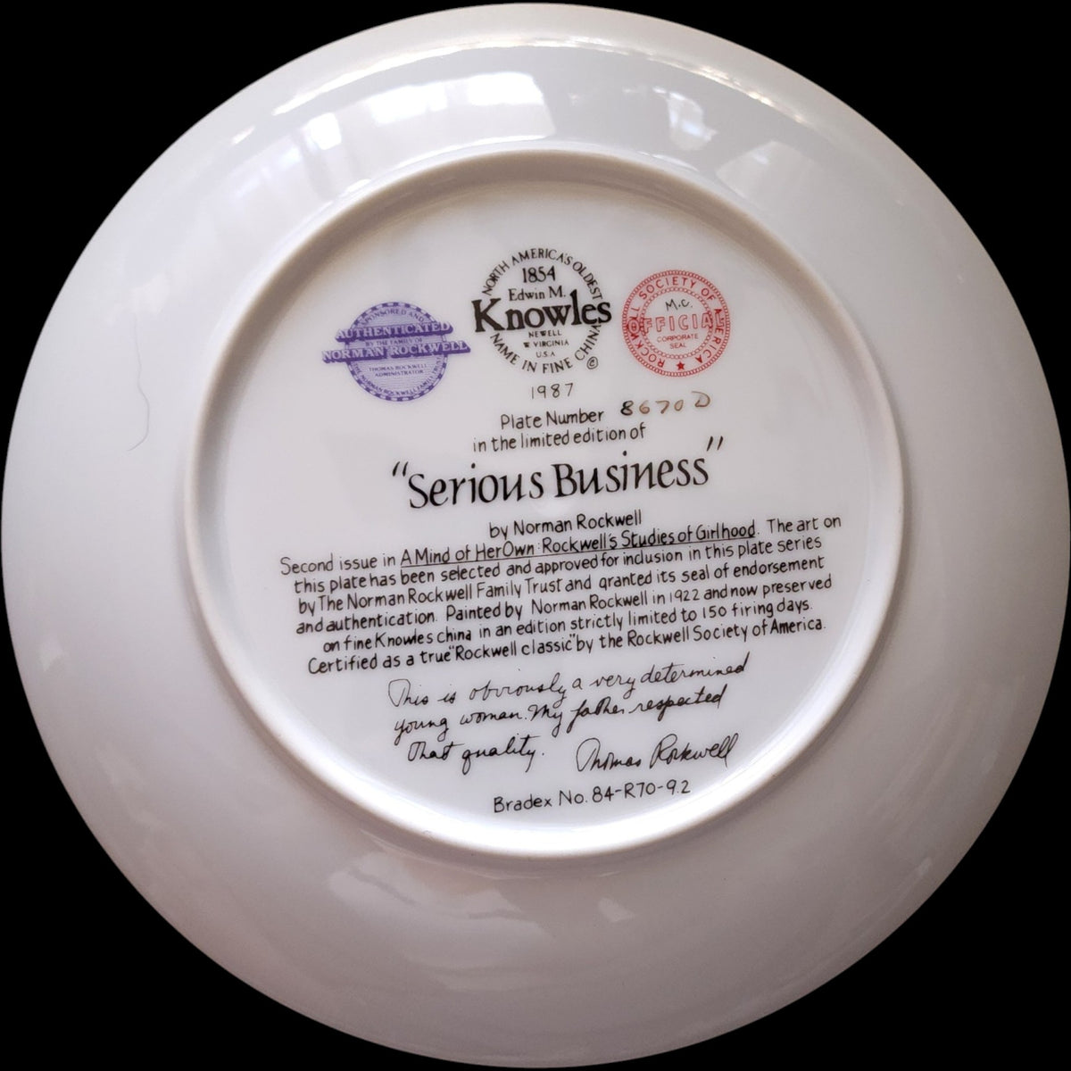 1987 Edwin M Knowles Norman Rockwell Serious Business Collector Plate