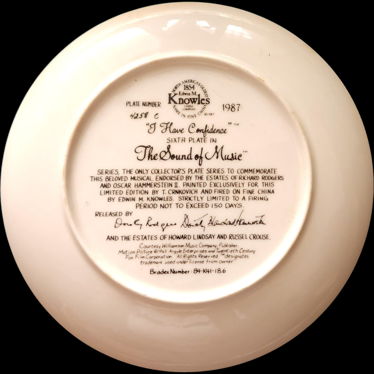 1987 Edwin M Knowles The Sound of Music I Have Confidence Collector Plate