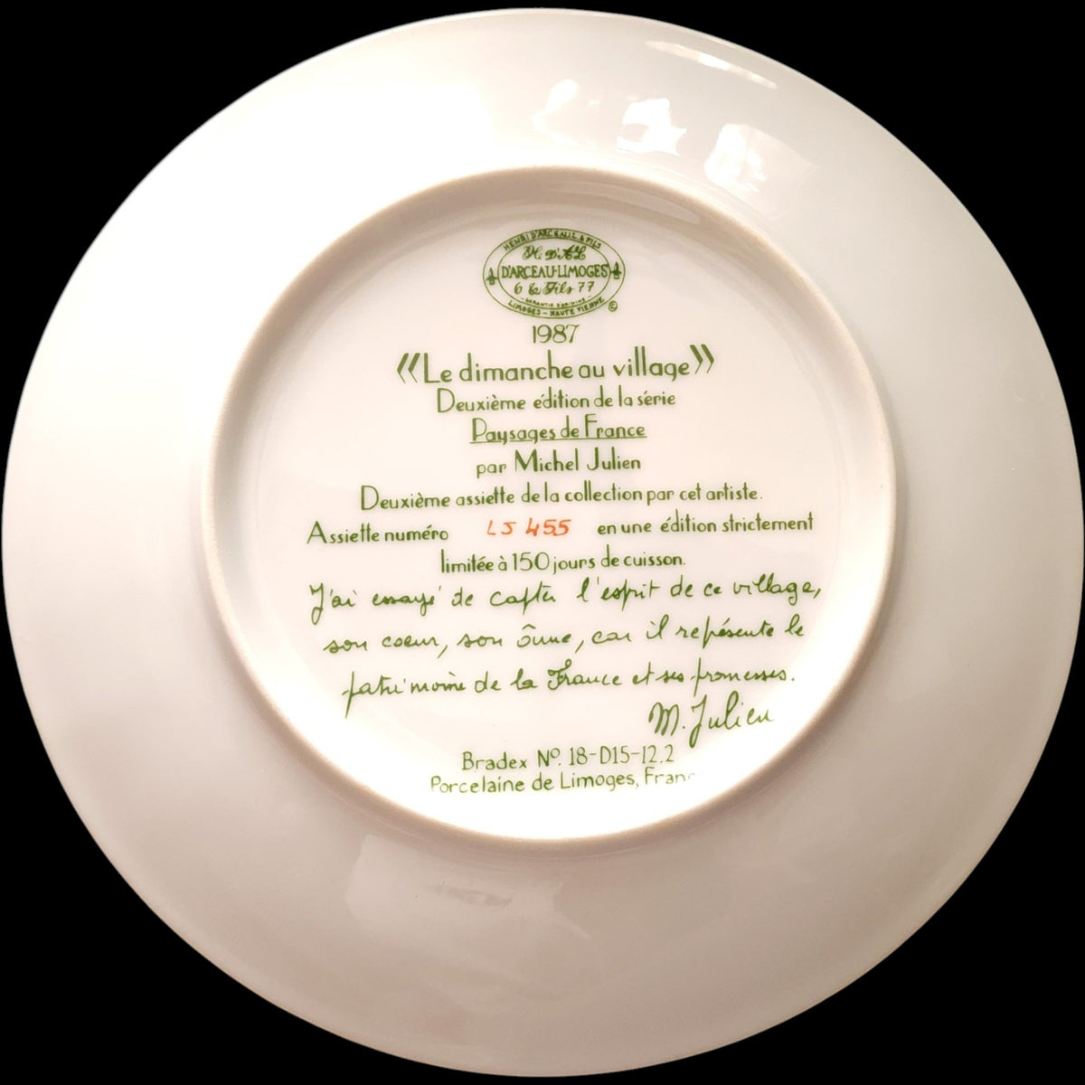 1987 Henri D'Arceau-Limoges Le dimanche au village French Collector Plate