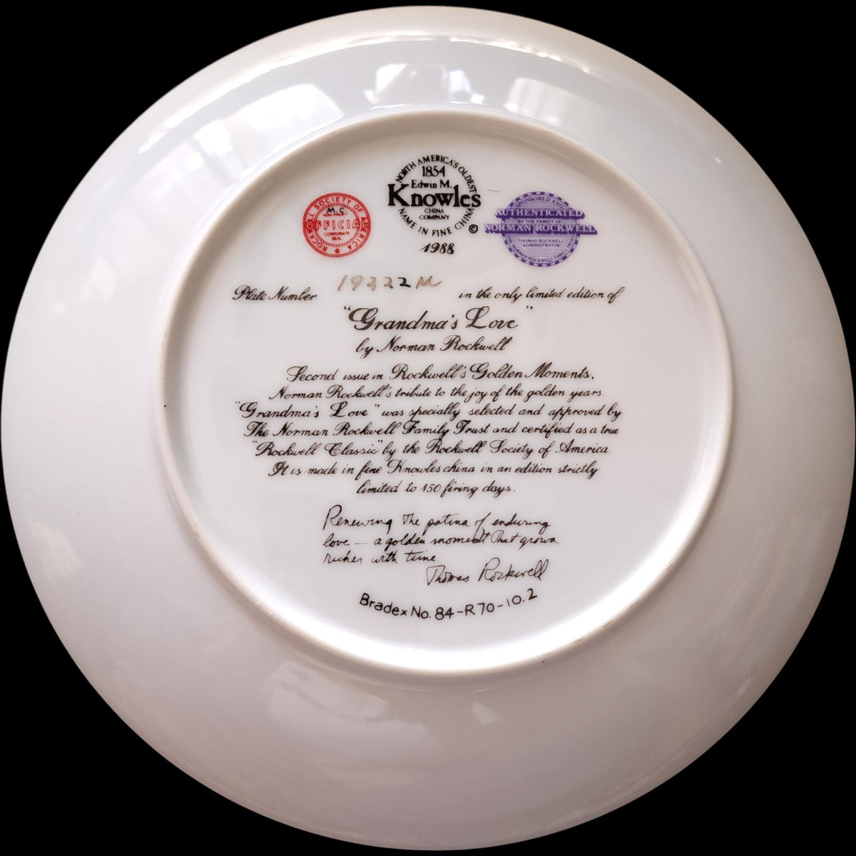 1988 Edwin M Knowles Norman Rockwell Grandma's Love Collector Plate