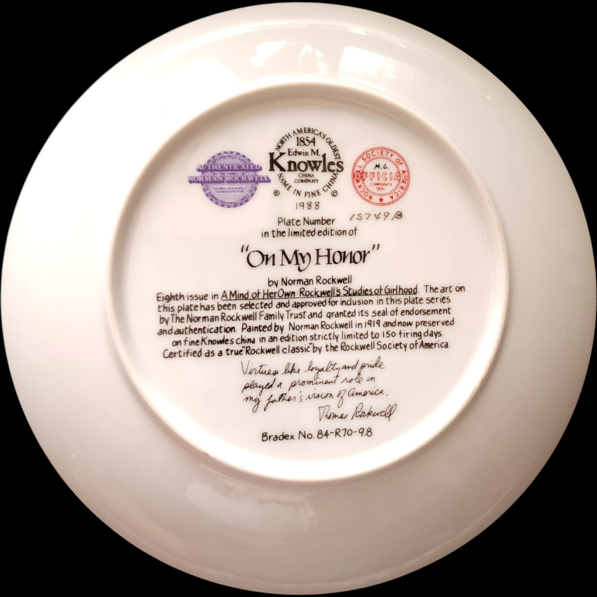 1988 Edwin M Knowles Norman Rockwell On My Honor Collector Plate