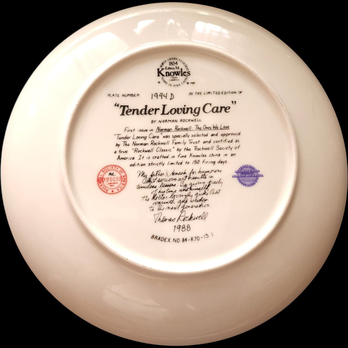 1988 Edwin M Knowles Norman Rockwell Tender Loving Care Collector Plate