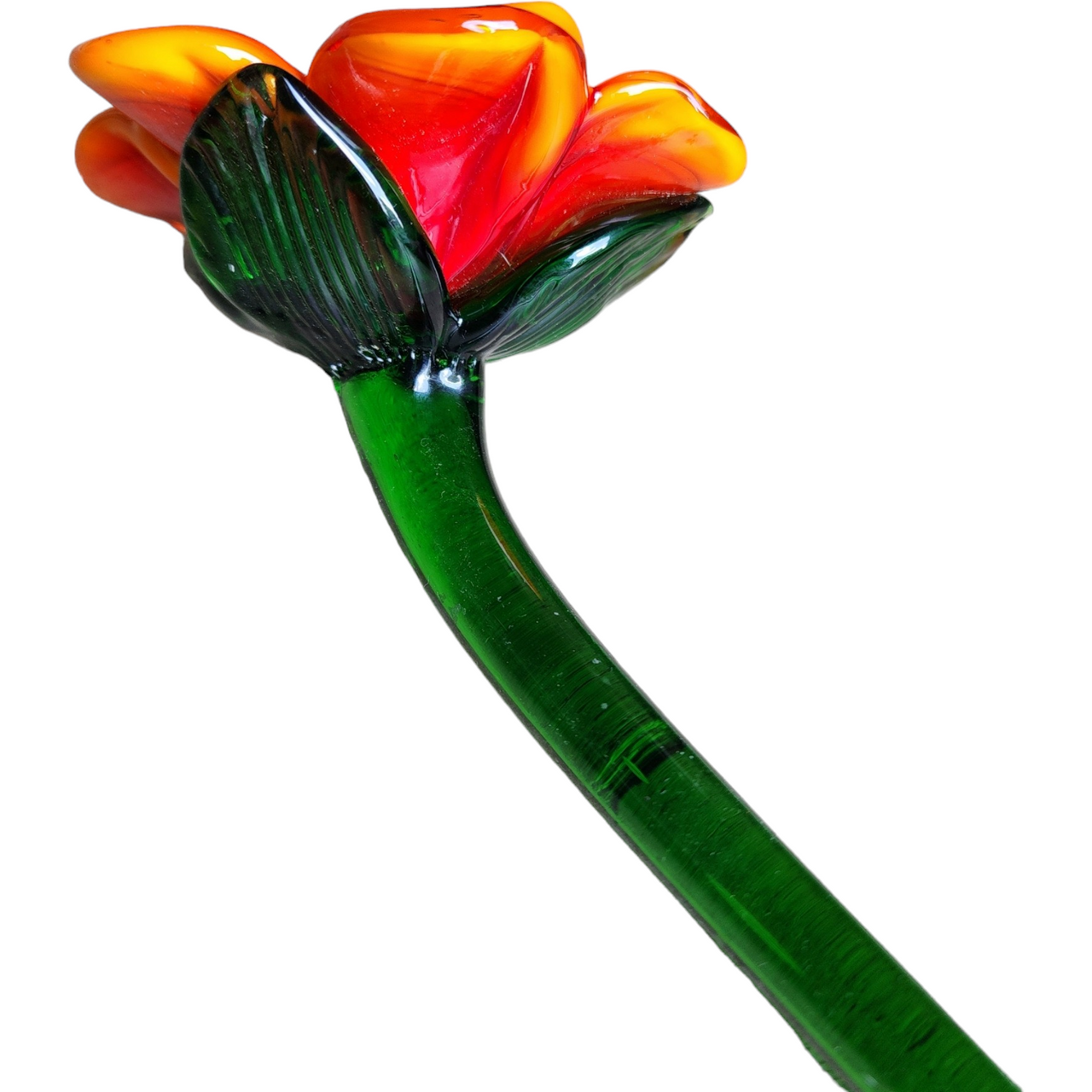 19" Art Glass Orange Daffodil Hand Blown Long Green Stem Flower Murano Style