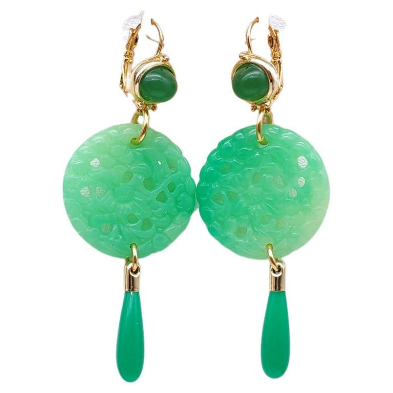 Kenneth Jay Lane Jade Drop Wire Earrings in Gold, Green, Couture Collection