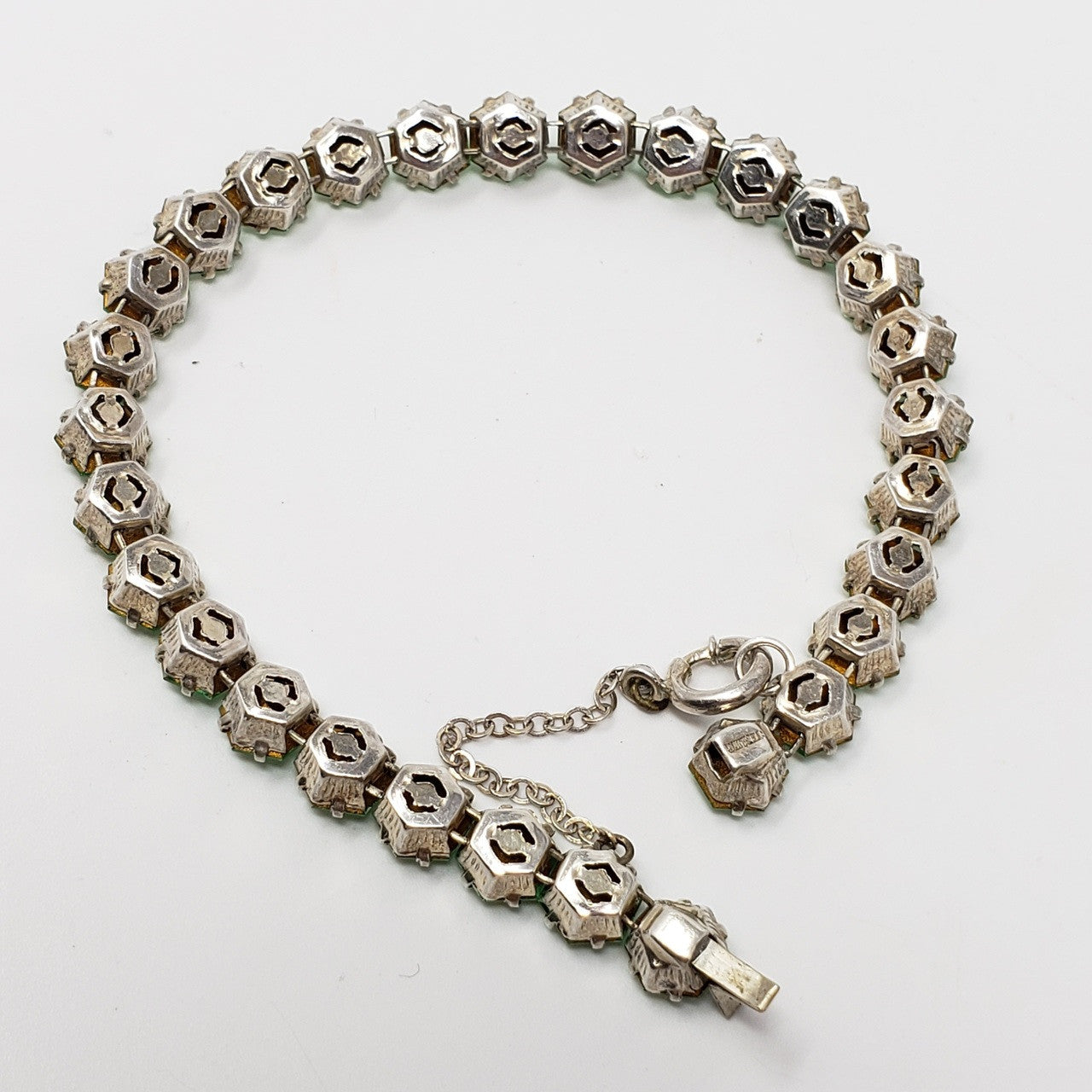 Antique Victorian Sterling Silver Faceted Peridot Colored Rhinestone Bracelet