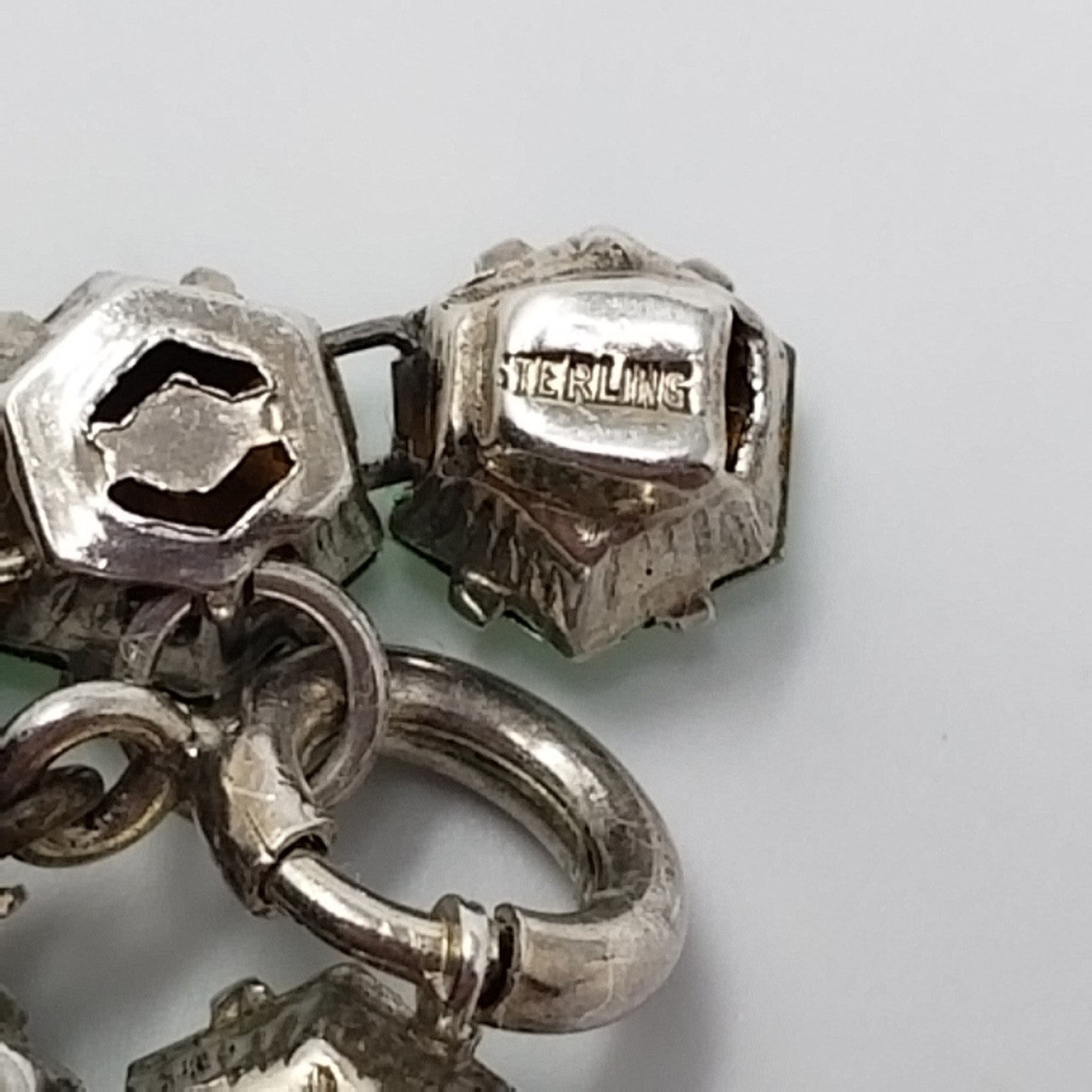 Antique Victorian Sterling Silver Faceted Peridot Colored Rhinestone Bracelet