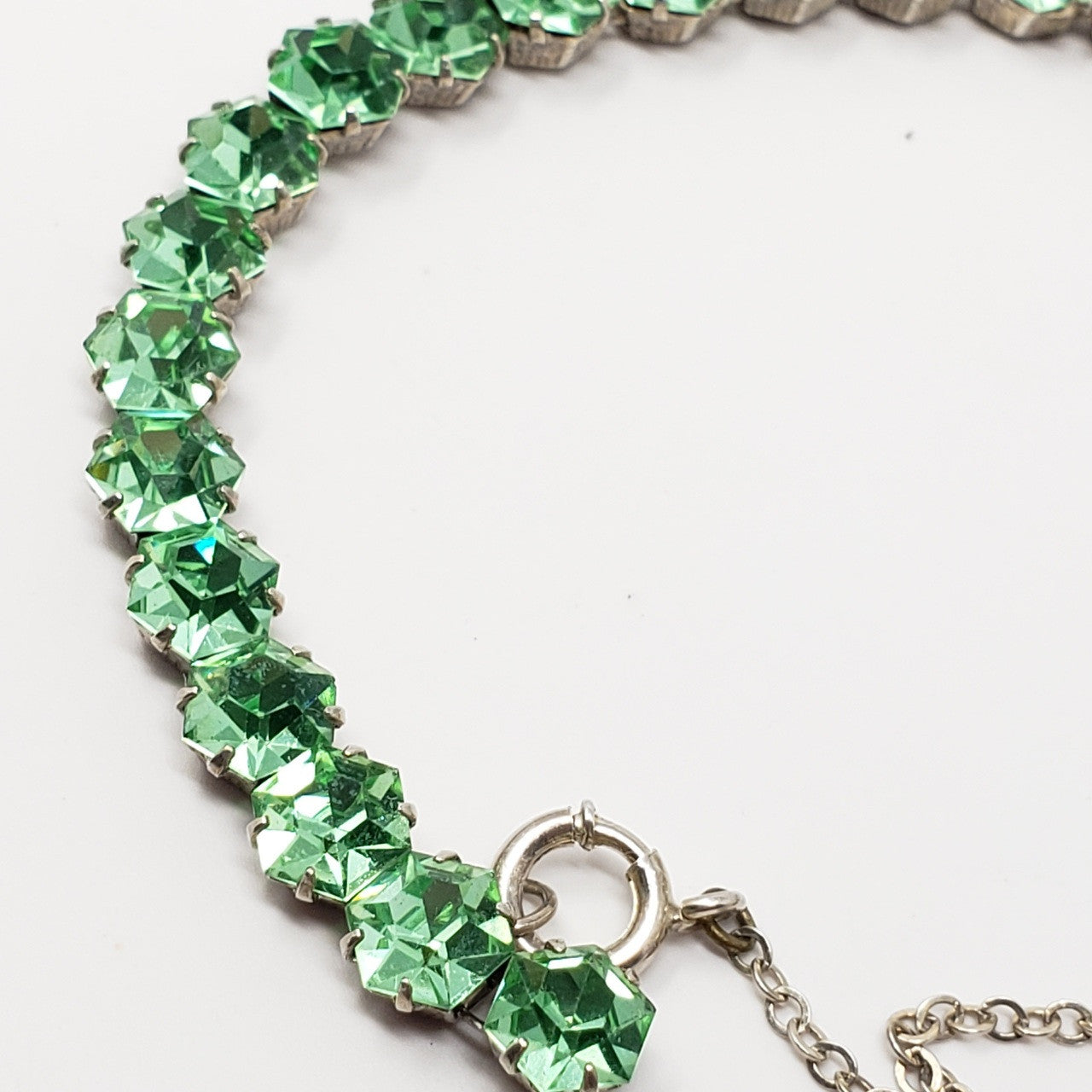 Antique Victorian Sterling Silver Faceted Peridot Colored Rhinestone Bracelet