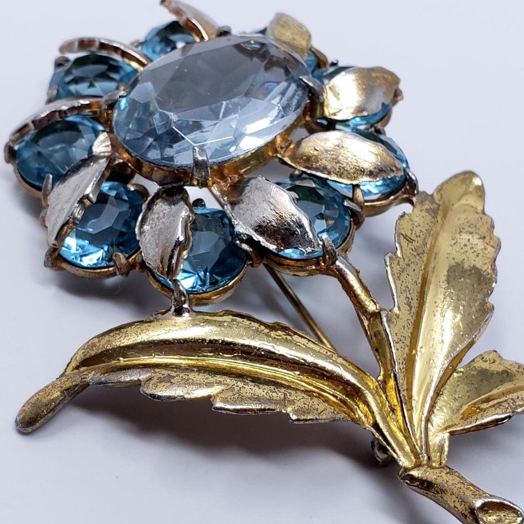 Large Vintage Metallic & Crystal Flower Brooch