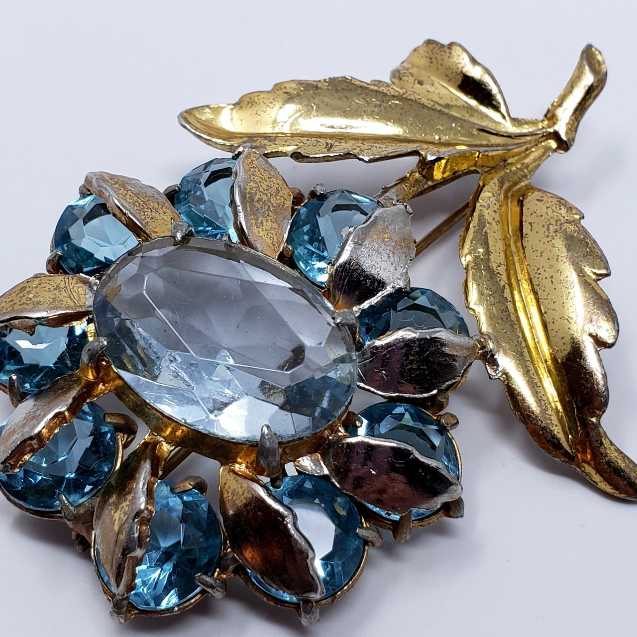 Large Vintage Metallic & Crystal Flower Brooch