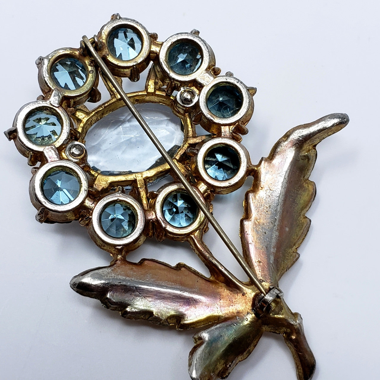 Large Vintage Metallic & Crystal Flower Brooch