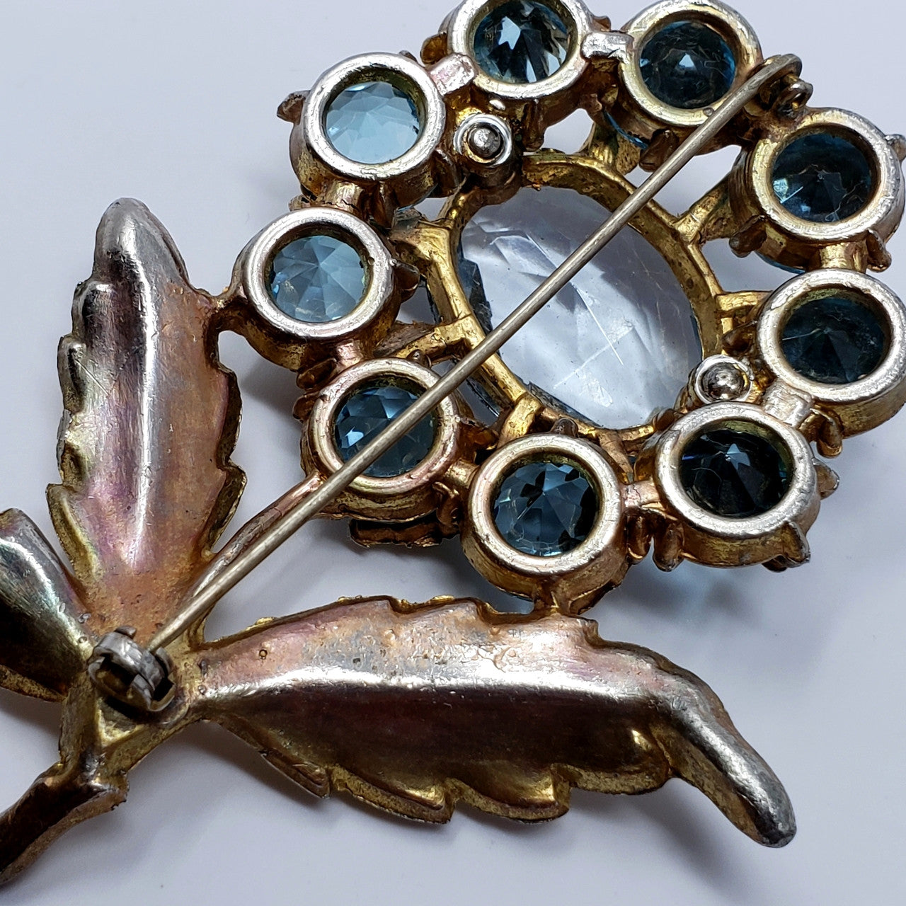 Large Vintage Metallic & Crystal Flower Brooch