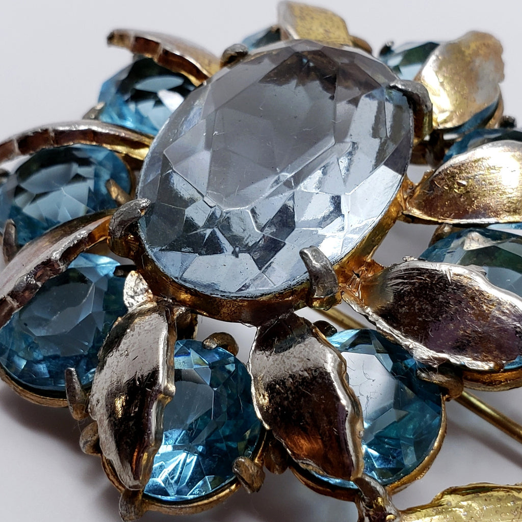 Large Vintage Metallic & Crystal Flower Brooch