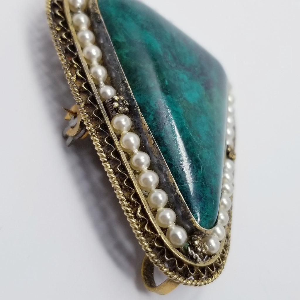 Victorian Chrysocolla and Faux Pearl Sterling Silver Brooch Pin