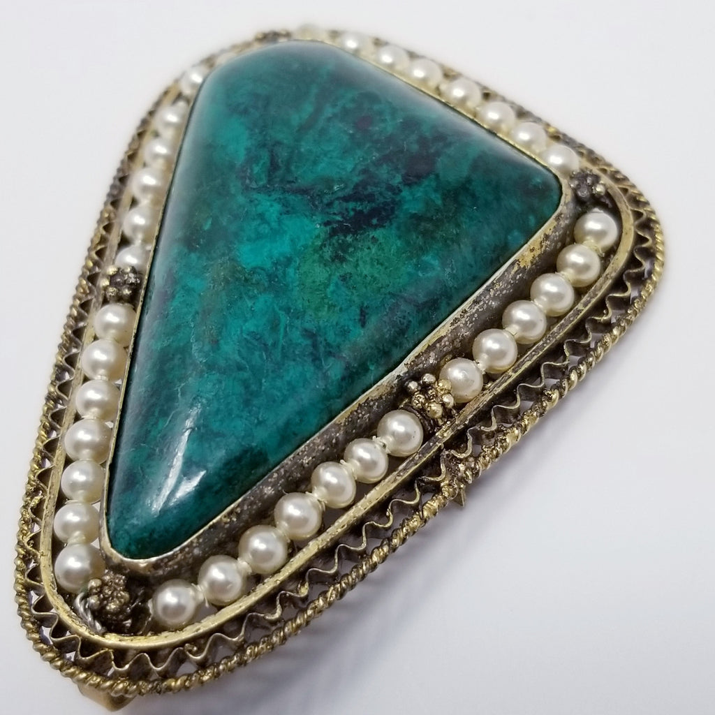 Victorian Chrysocolla and Faux Pearl Sterling Silver Brooch Pin