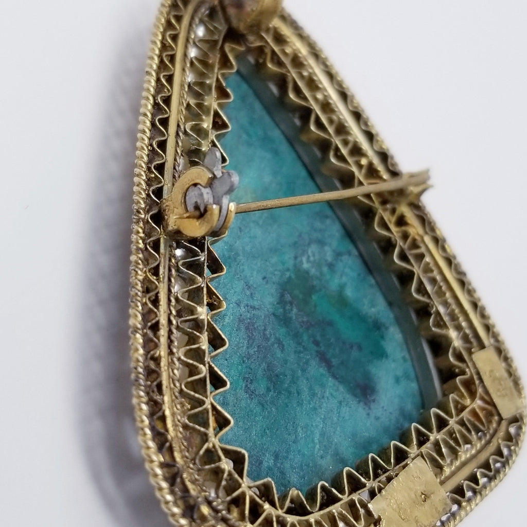 Victorian Chrysocolla and Faux Pearl Sterling Silver Brooch Pin