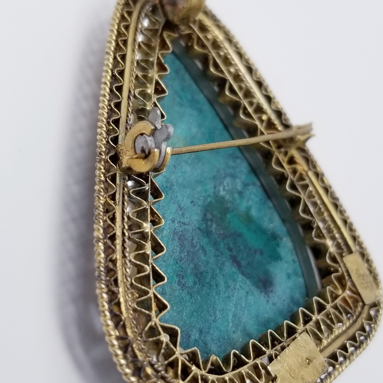 Victorian Chrysocolla and Faux Pearl Sterling Silver Brooch Pin