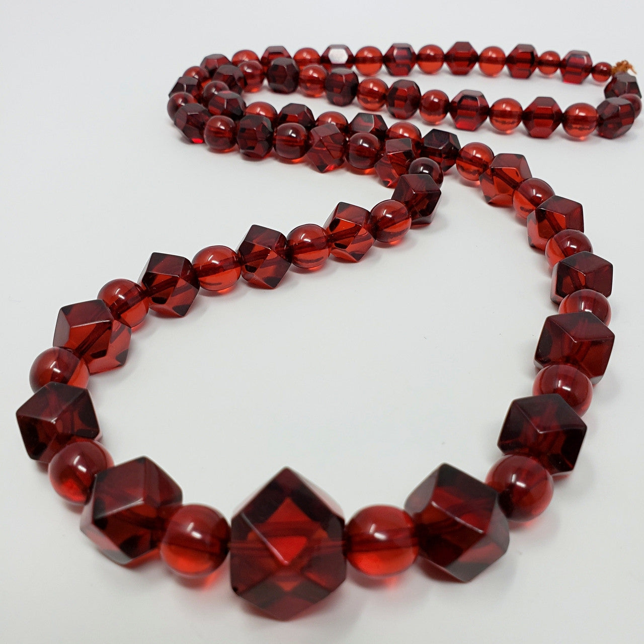 Vintage Art Deco Cherry Amber Colored Bakelite Rope Length 34" Alternating Faceted & Bead Necklace