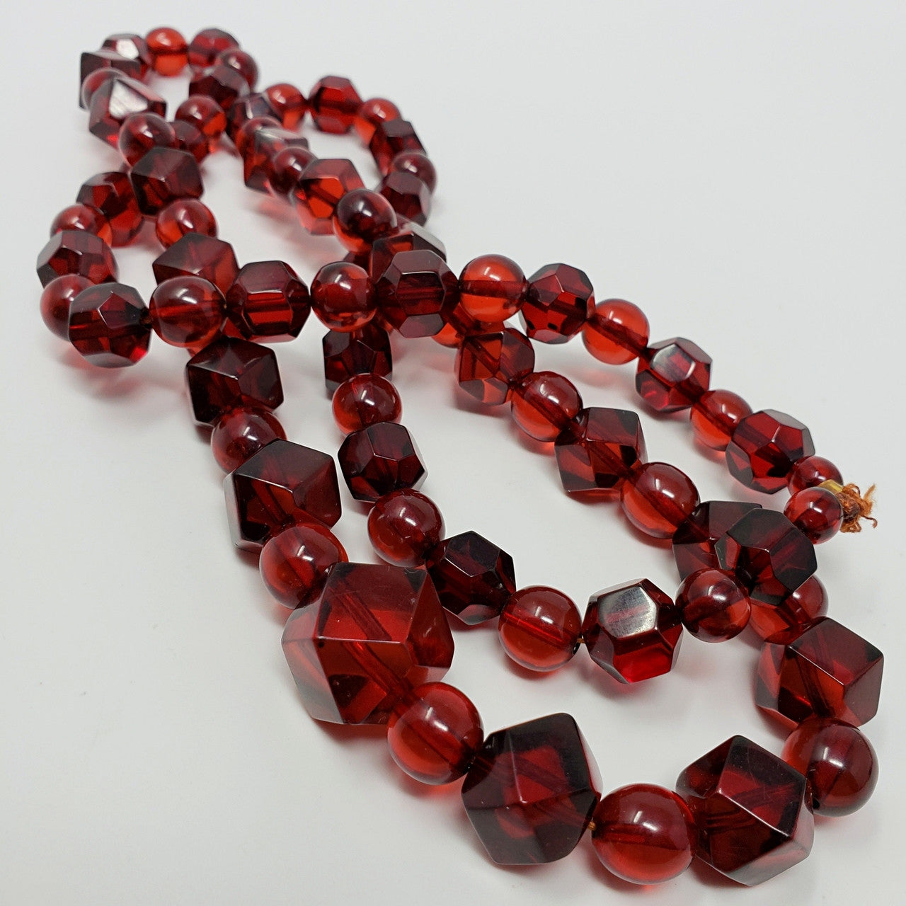 Vintage Art Deco Cherry Amber Colored Bakelite Rope Length 34" Alternating Faceted & Bead Necklace