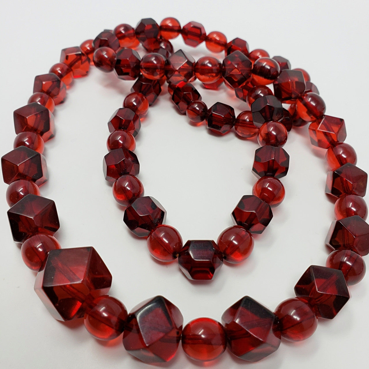 Vintage Art Deco Cherry Amber Colored Bakelite Rope Length 34" Alternating Faceted & Bead Necklace