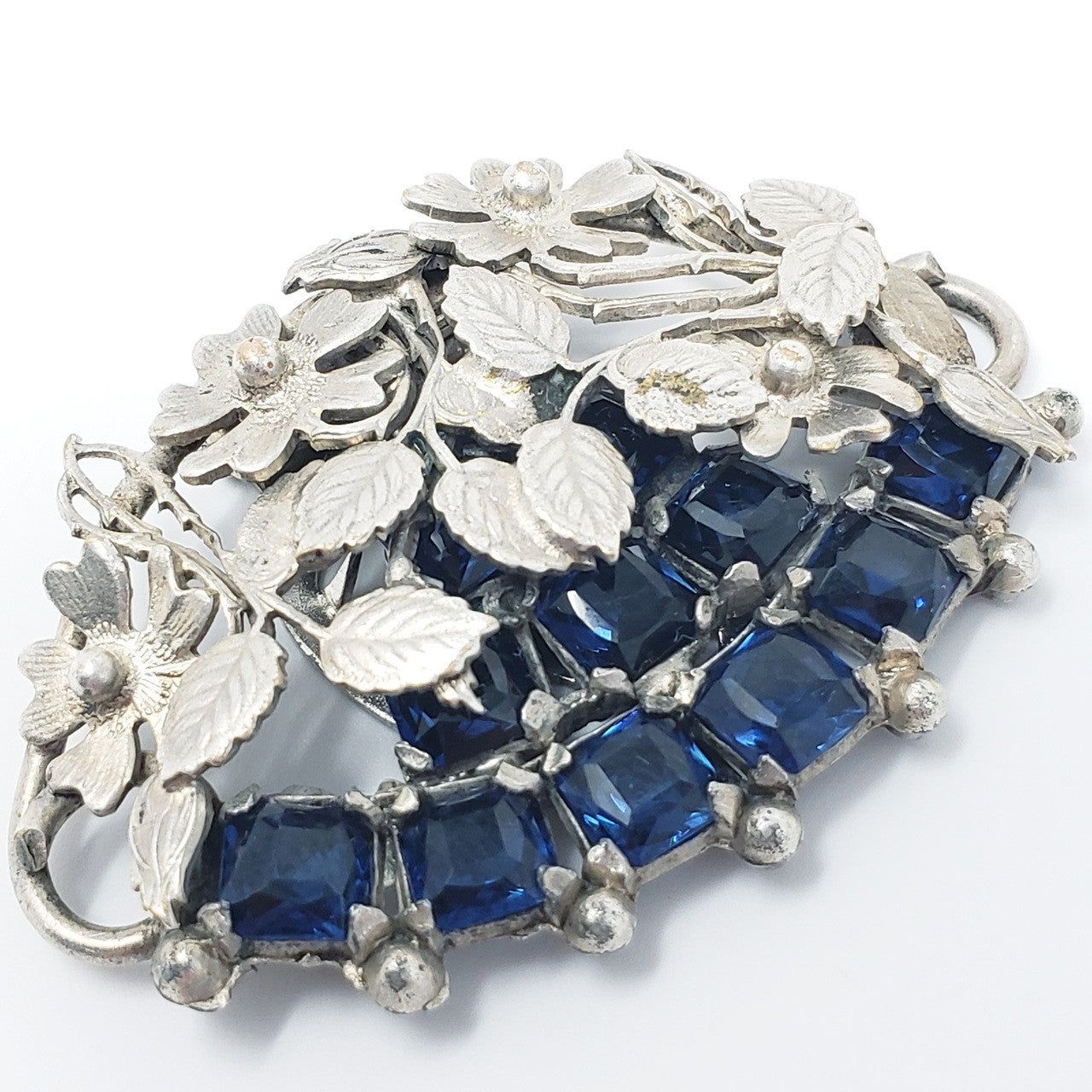 Art Noveau Sapphire Rhinestone Silvertone Clip
