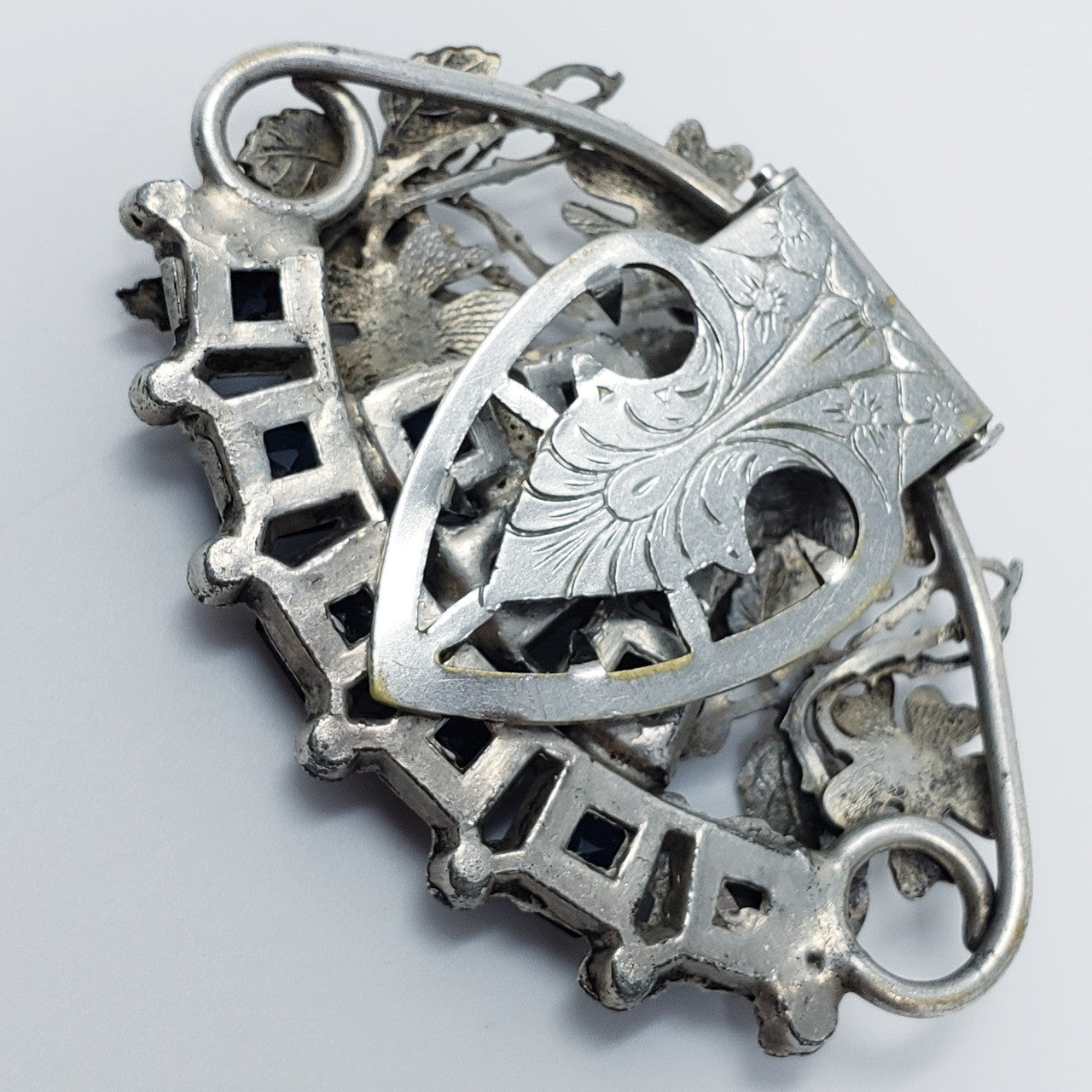 Art Noveau Sapphire Rhinestone Silvertone Clip