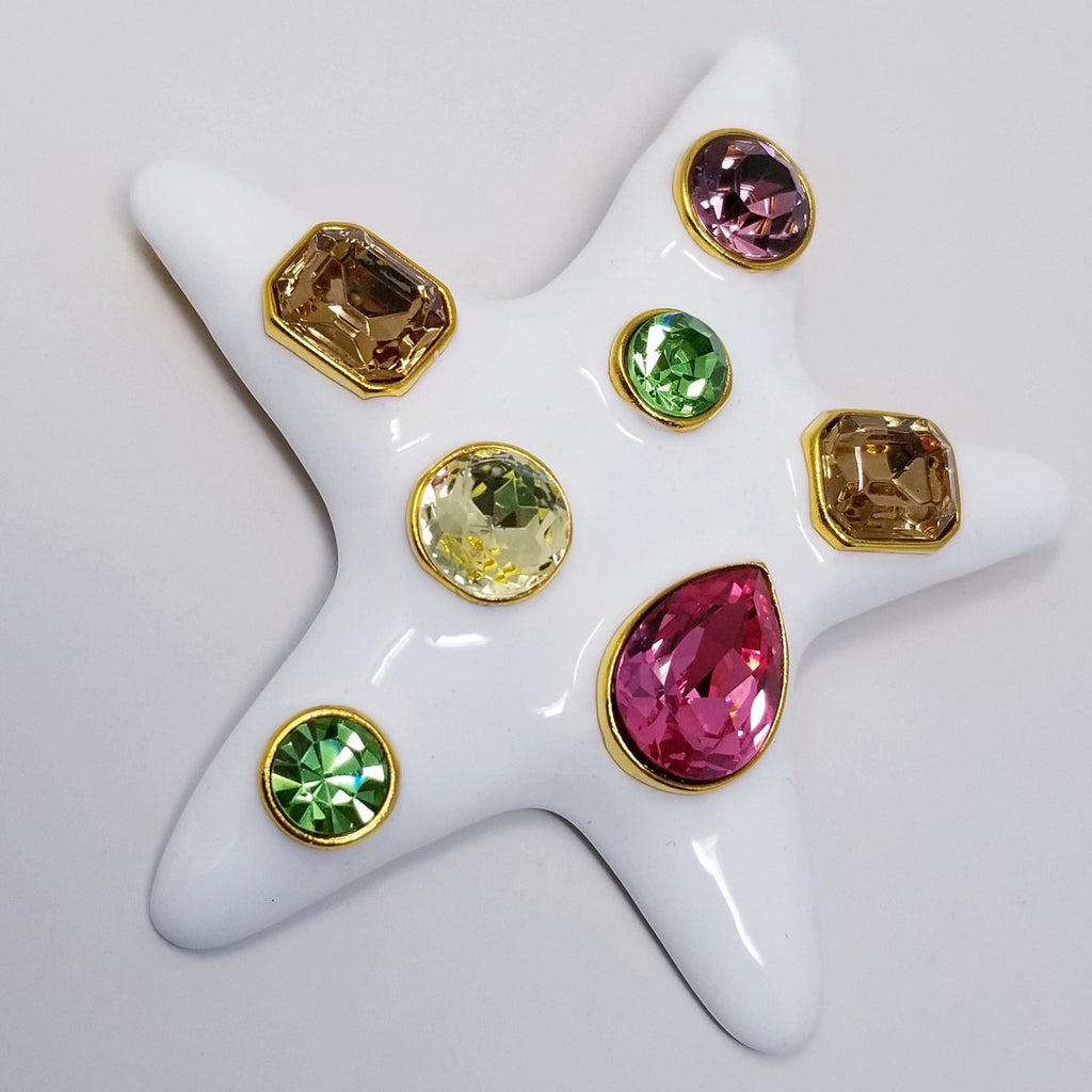 Kenneth Jay Lane Jackie O White Enamel Jeweled Starfish Brooch
