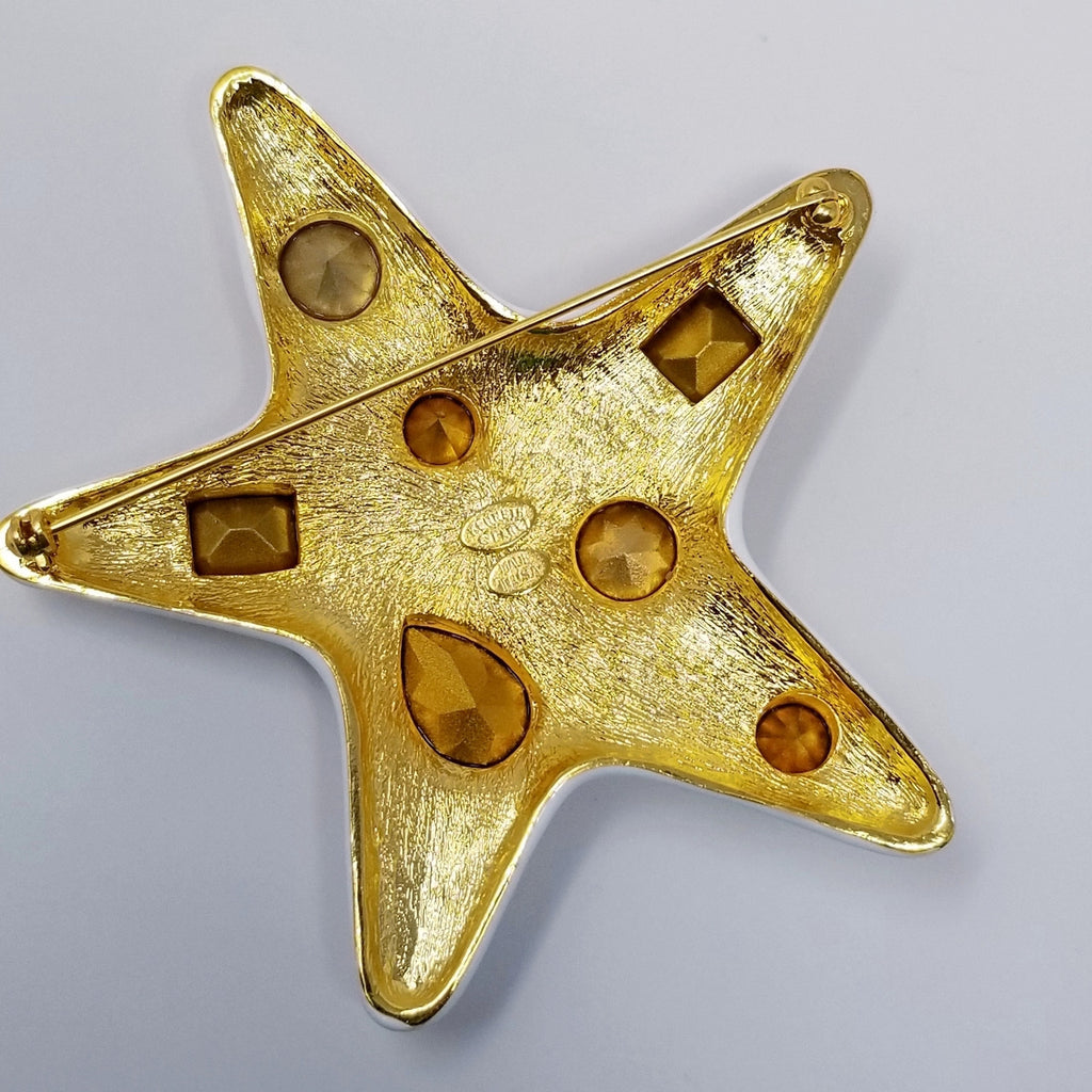 Kenneth Jay Lane Jackie O White Enamel Jeweled Starfish Brooch