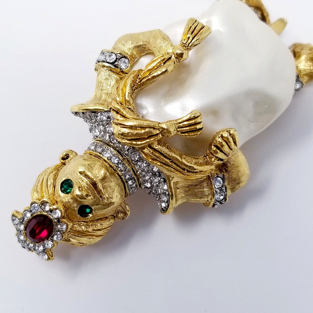 Kenneth Jay Lane Smiling Genie Crystal Pin in Gold