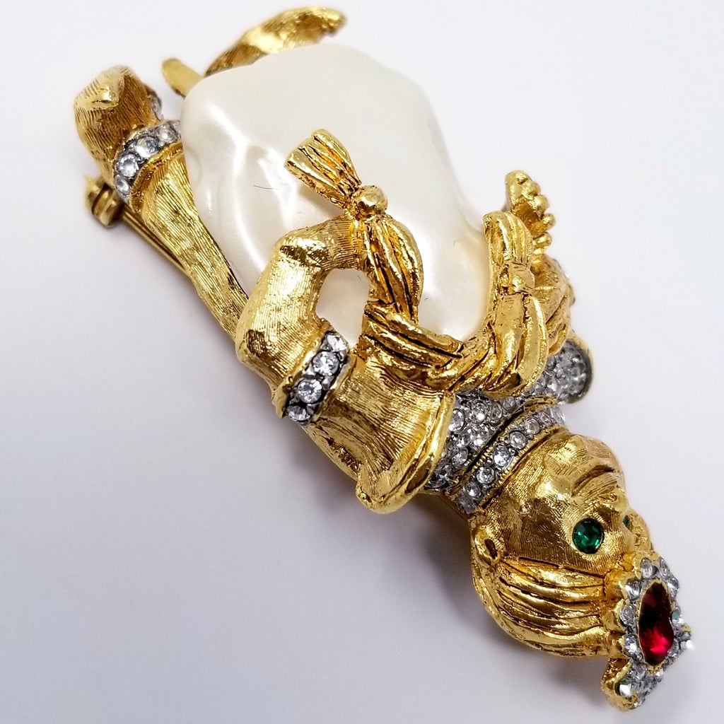 Kenneth Jay Lane Smiling Genie Crystal Pin in Gold