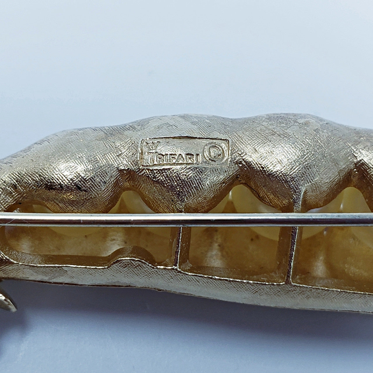 Trifari Crown Mid 1900s Pea Pod Faux Pearl Brooch Pin