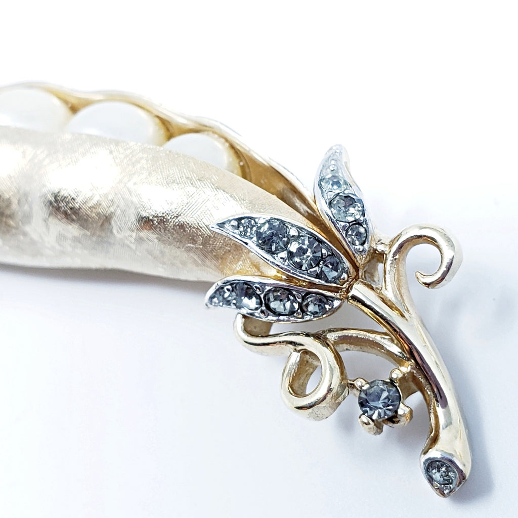 Trifari Crown Mid 1900s Pea Pod Faux Pearl Brooch Pin