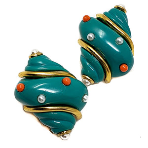 Kenneth Jay Lane KJL Turquoise Resin & Faux Pearl Shell Clip On Earrings