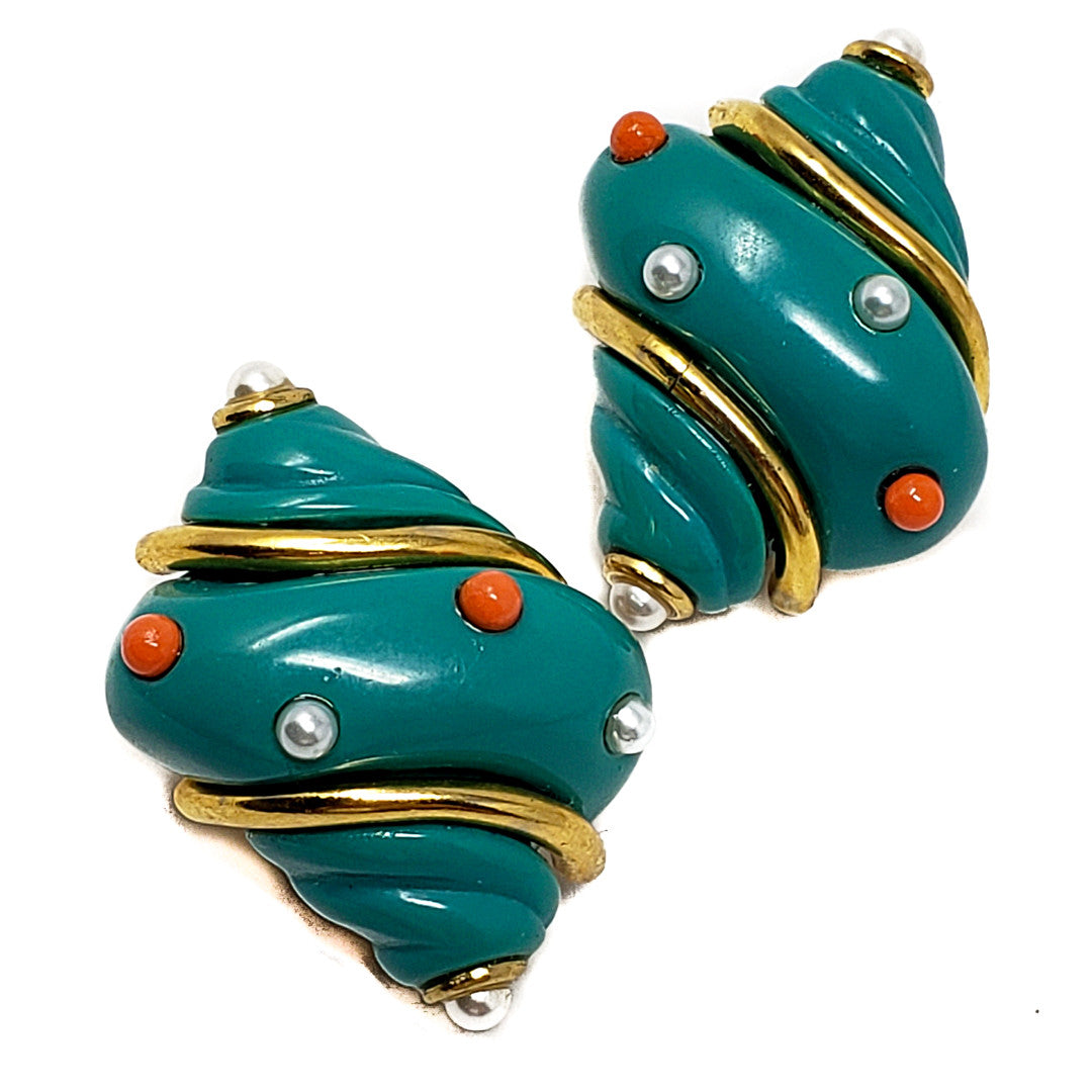 Kenneth Jay Lane KJL Turquoise Resin & Faux Pearl Shell Clip On Earrings