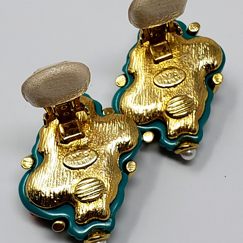 Kenneth Jay Lane KJL Turquoise Resin & Faux Pearl Shell Clip On Earrings