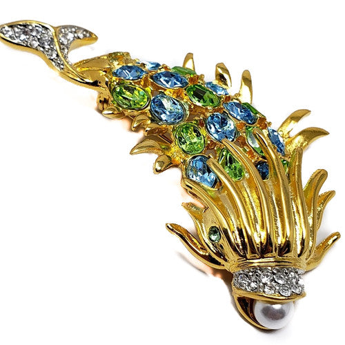 Kenneth Jay Lane KJL Crystal & Faux Pearl Stylized Fish Brooch/Pin