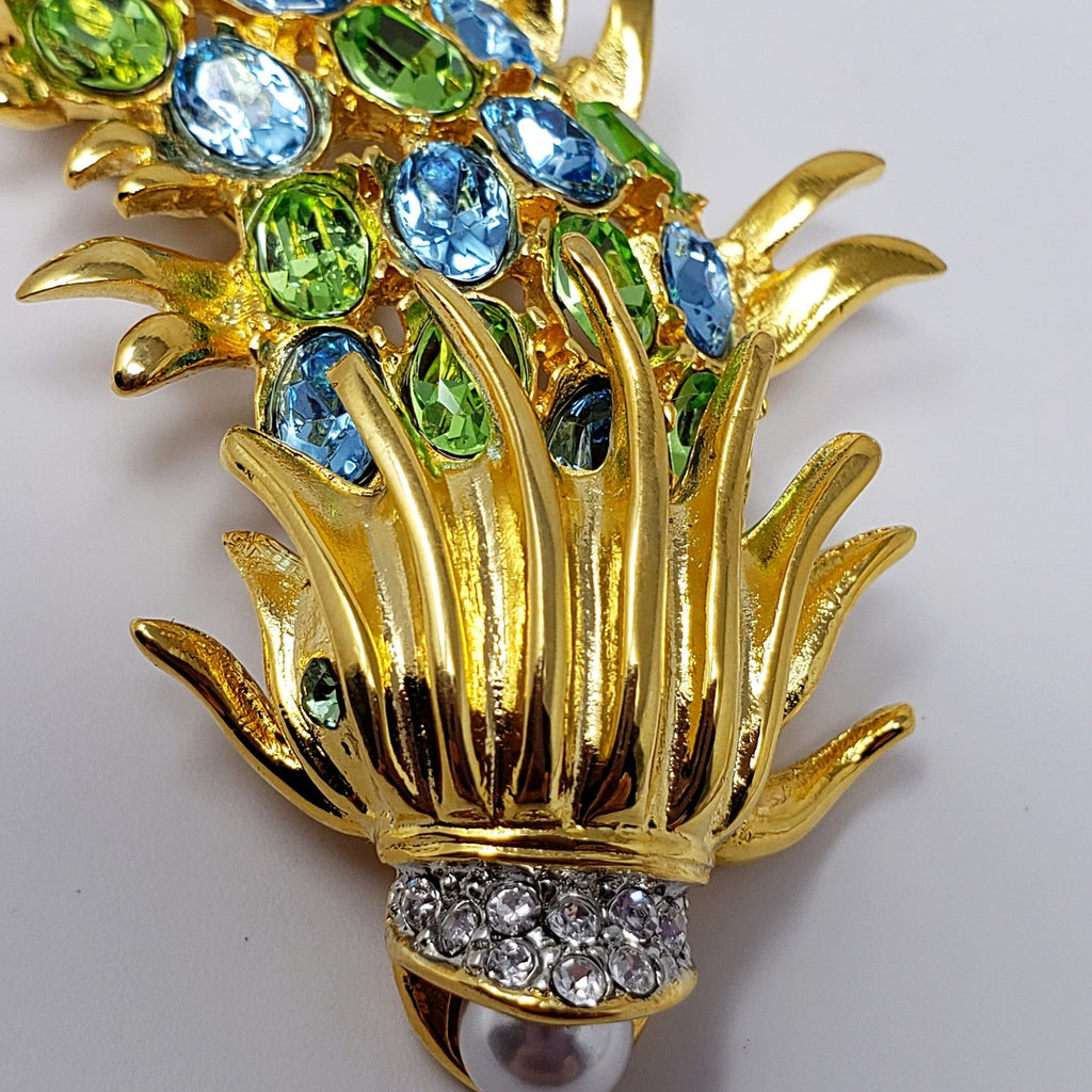 Kenneth Jay Lane KJL Crystal & Faux Pearl Stylized Fish Brooch/Pin