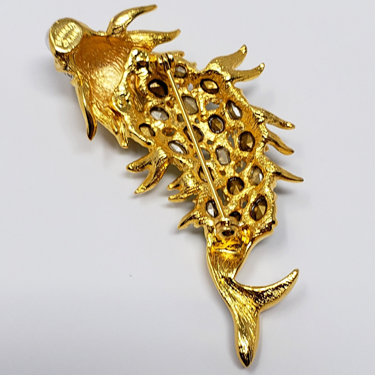 Kenneth Jay Lane KJL Crystal & Faux Pearl Stylized Fish Brooch/Pin