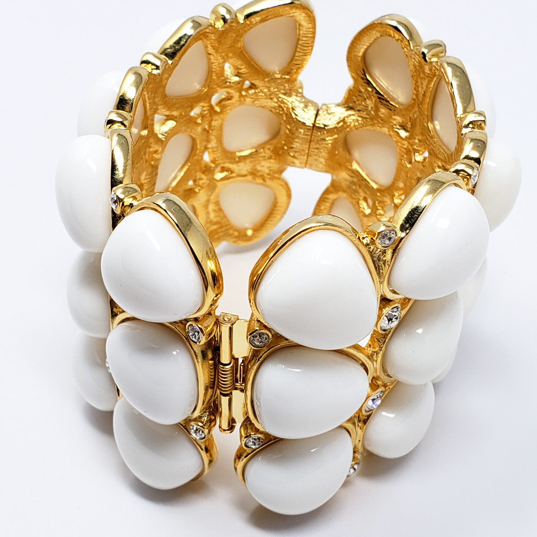 Kenneth Jay Lane KJL White Cabochon & Swarovski Crystal Hinged Cuff