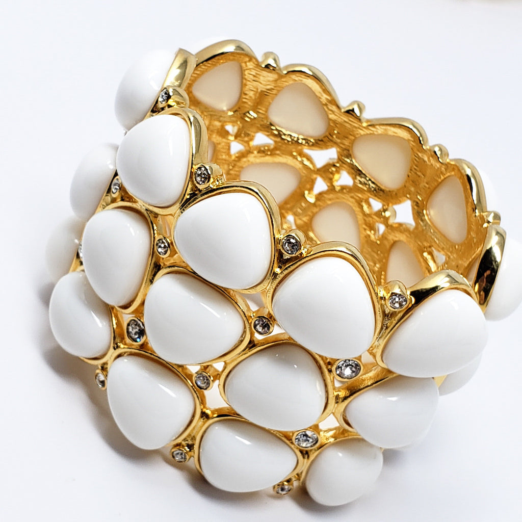 Kenneth Jay Lane KJL White Cabochon & Swarovski Crystal Hinged Cuff