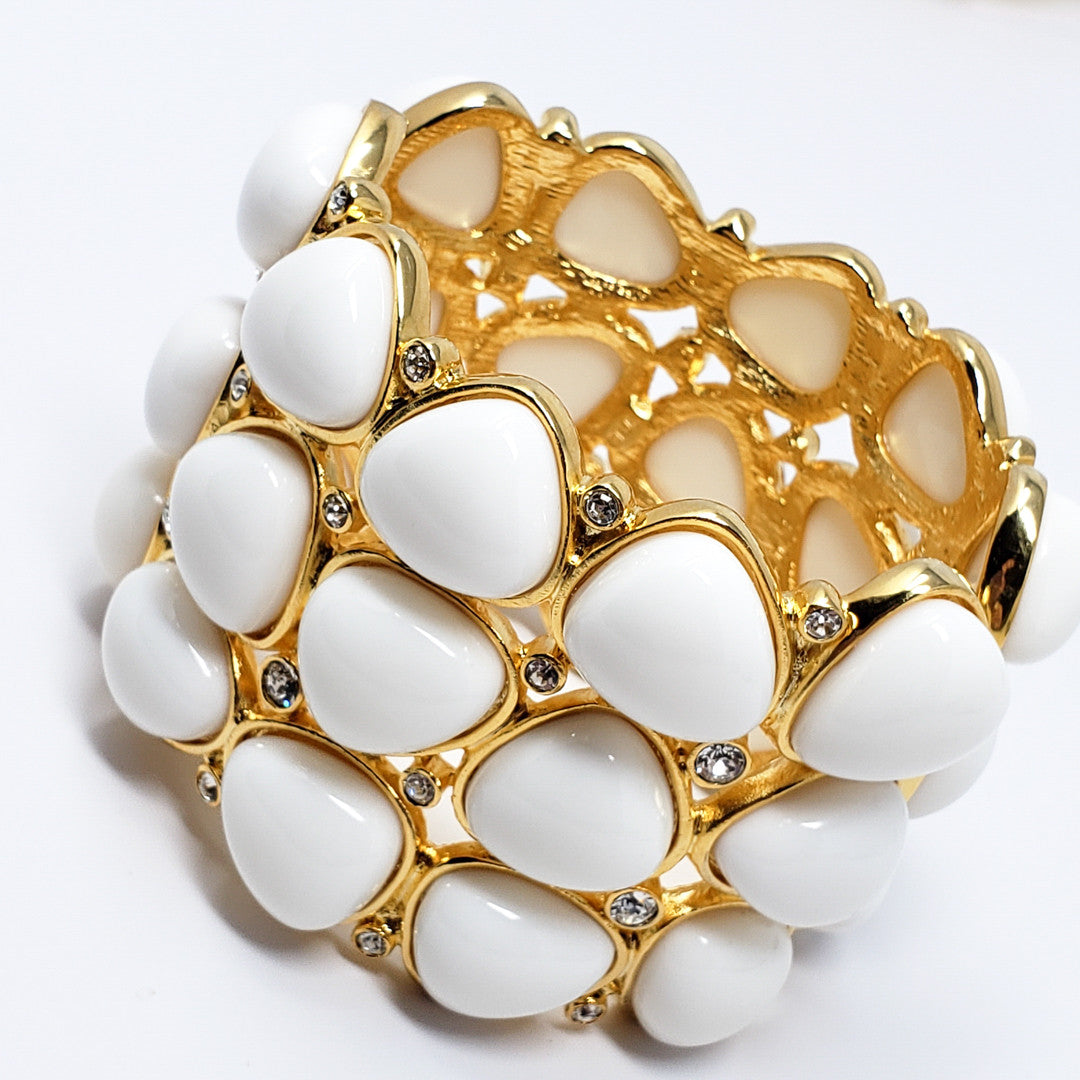 Kenneth Jay Lane KJL White Cabochon & Swarovski Crystal Hinged Cuff