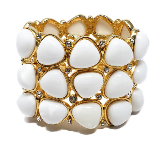Kenneth Jay Lane KJL White Cabochon & Swarovski Crystal Hinged Cuff